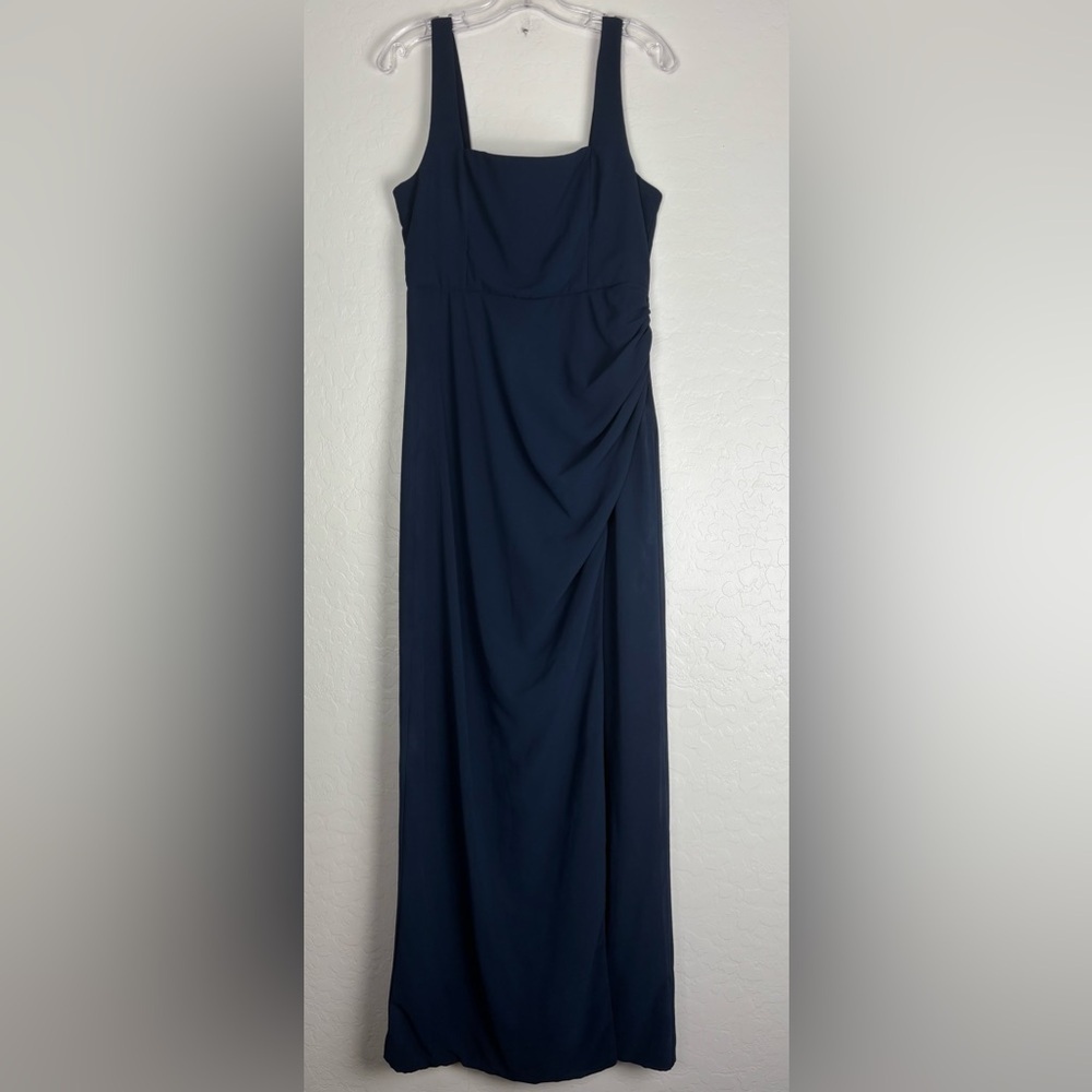 Lulus Navy Blue Square Neck Ruched Faux Wrap Maxi Dress L Bridesmaid Formal 1420